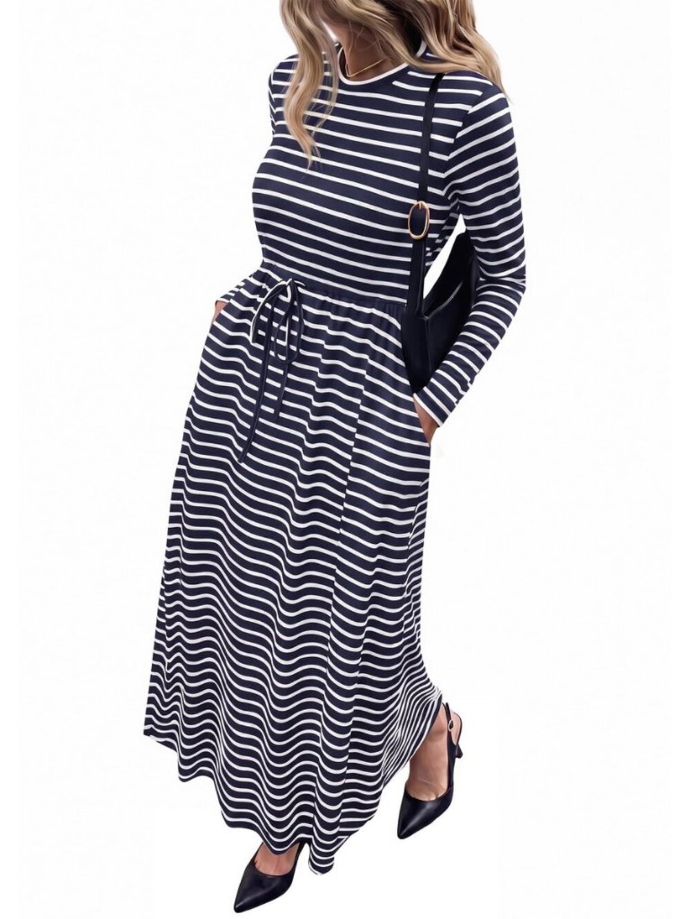 Long Sleeve Maxi Dresses for Women Fall Casual Loose Striped Dress